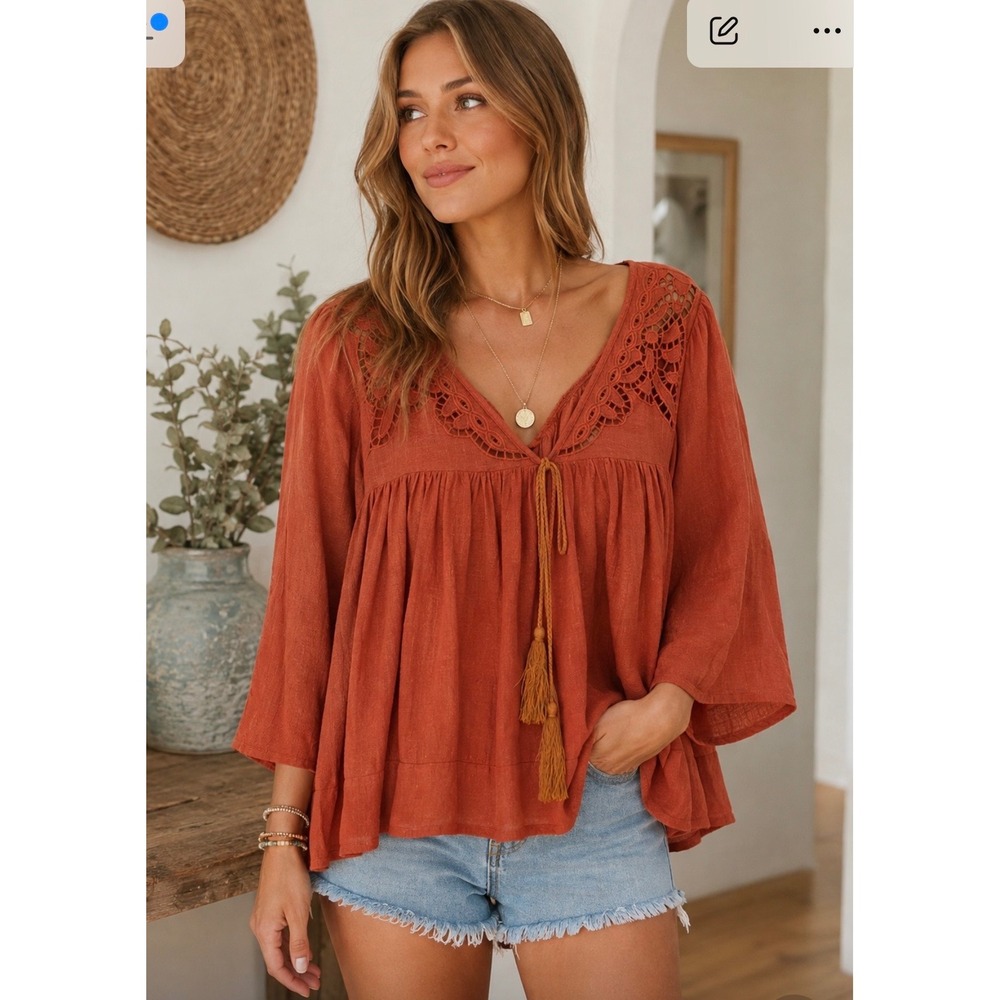 PPLA Ezra Long Sleeve Top Rust Orange Eyelet Lace Boho Tassel Babydoll Large